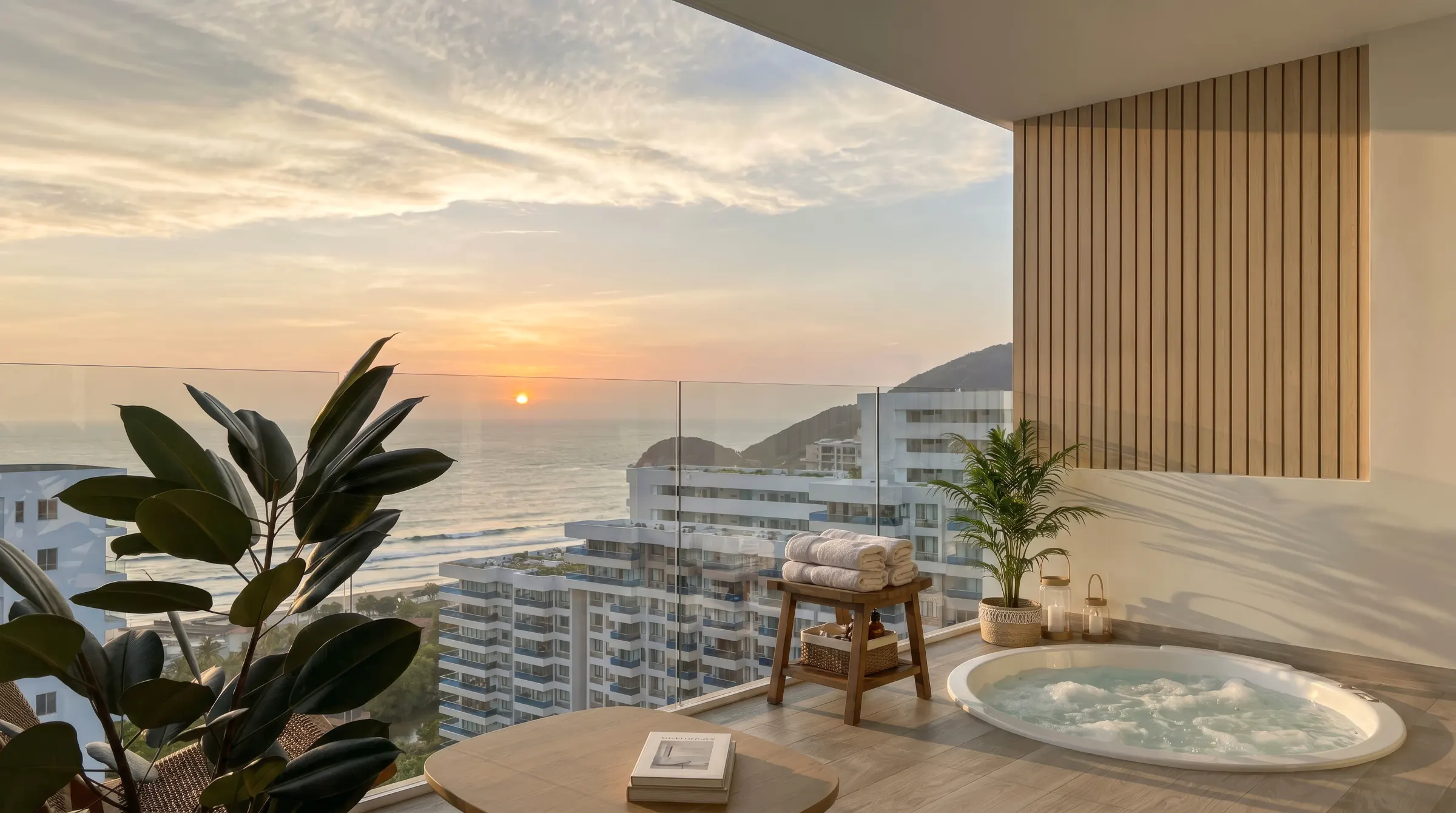 Balcón de un apartamento con vista al mar al atardecer