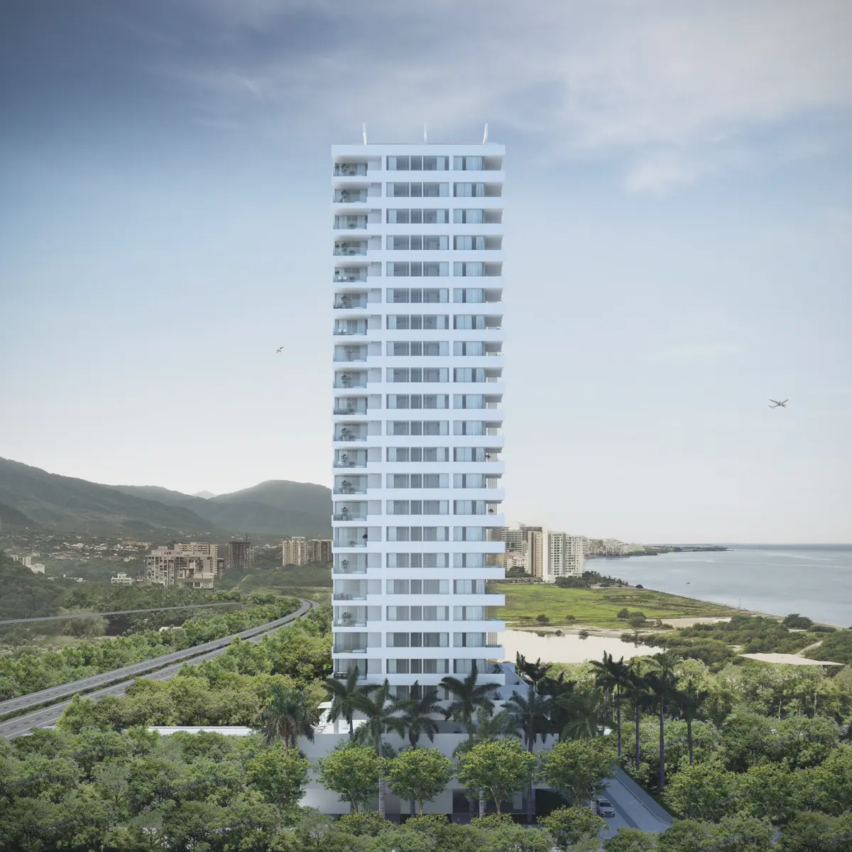 Torre Kunawa frente al mar en Pozos Colorados, con la Sierra de fondo