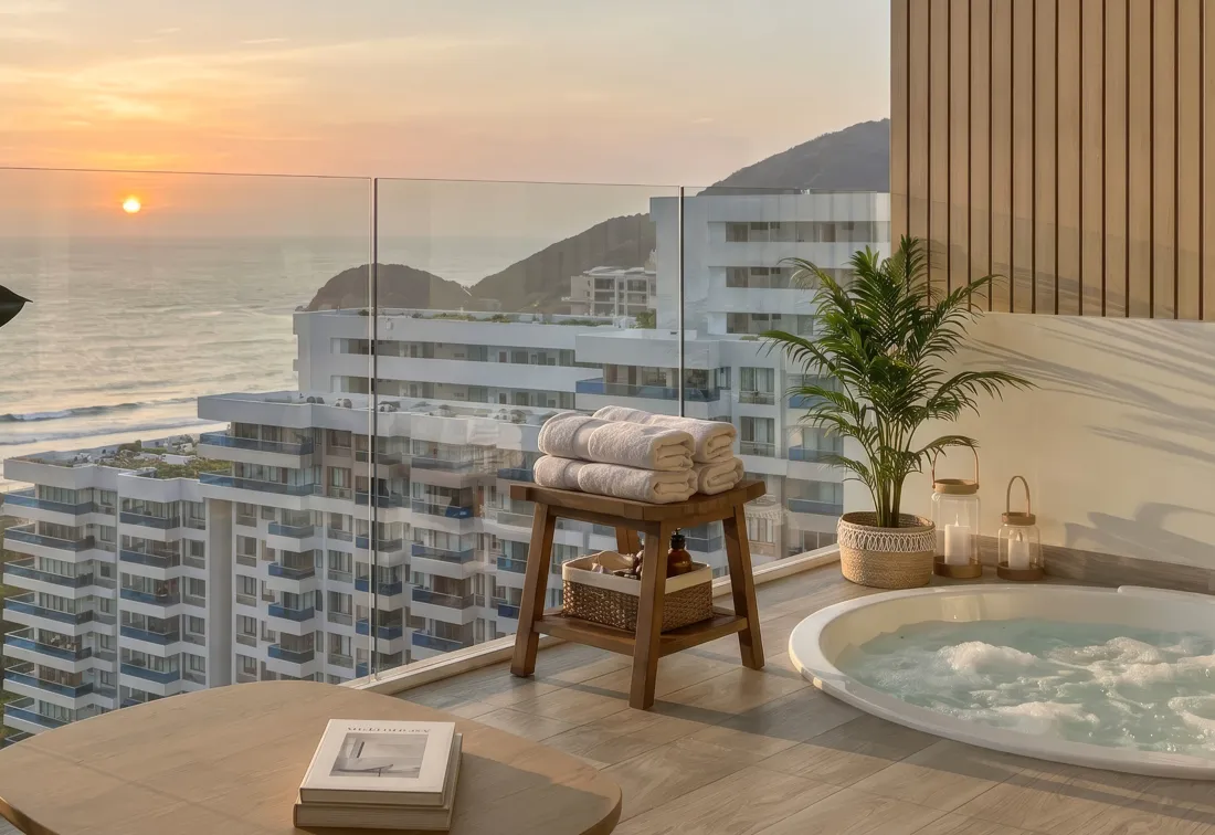 Spa: toallas y jacuzzi frente al mar