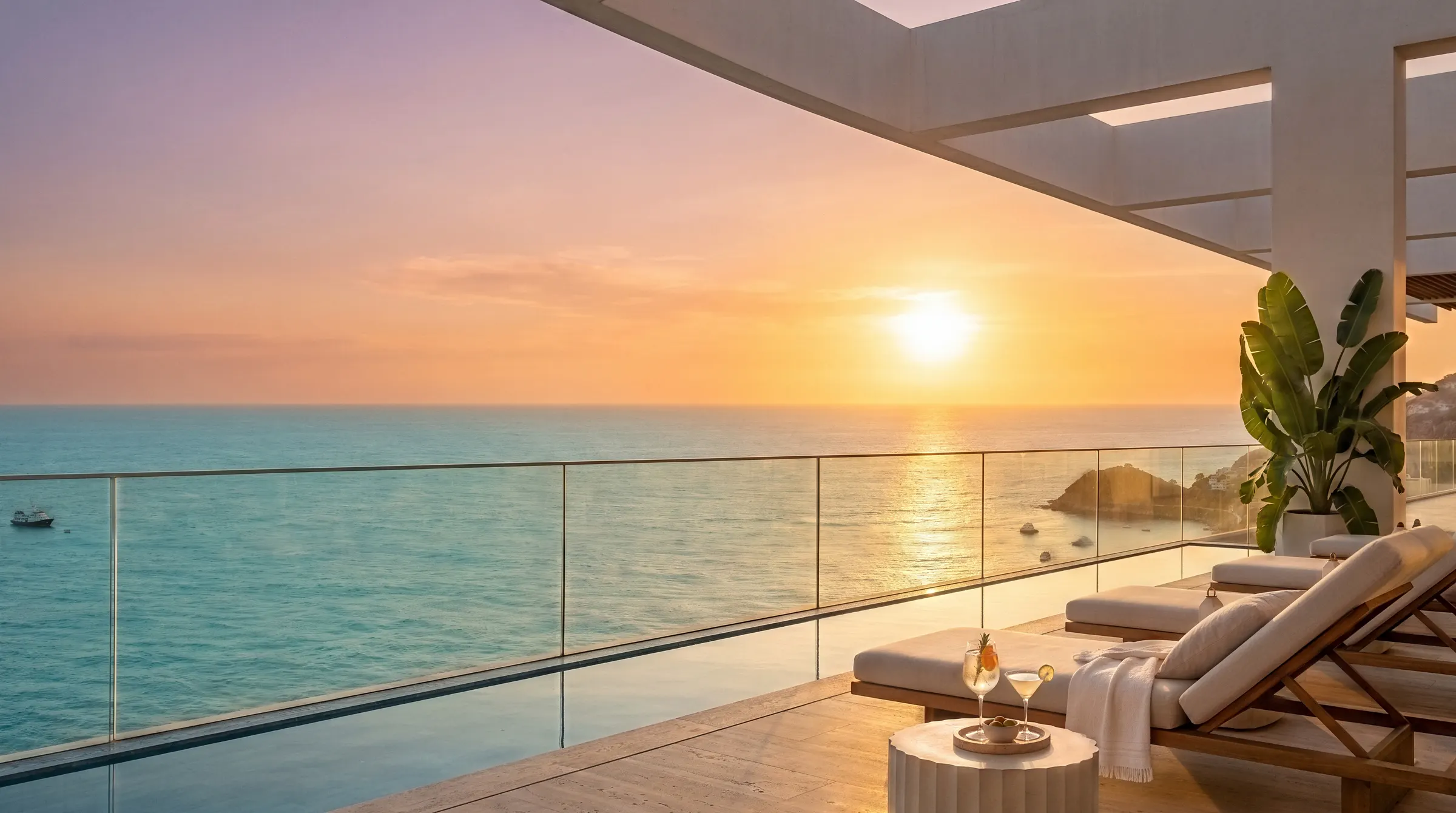 Terraza del rooftop al atardecer sobre el mar Caribe